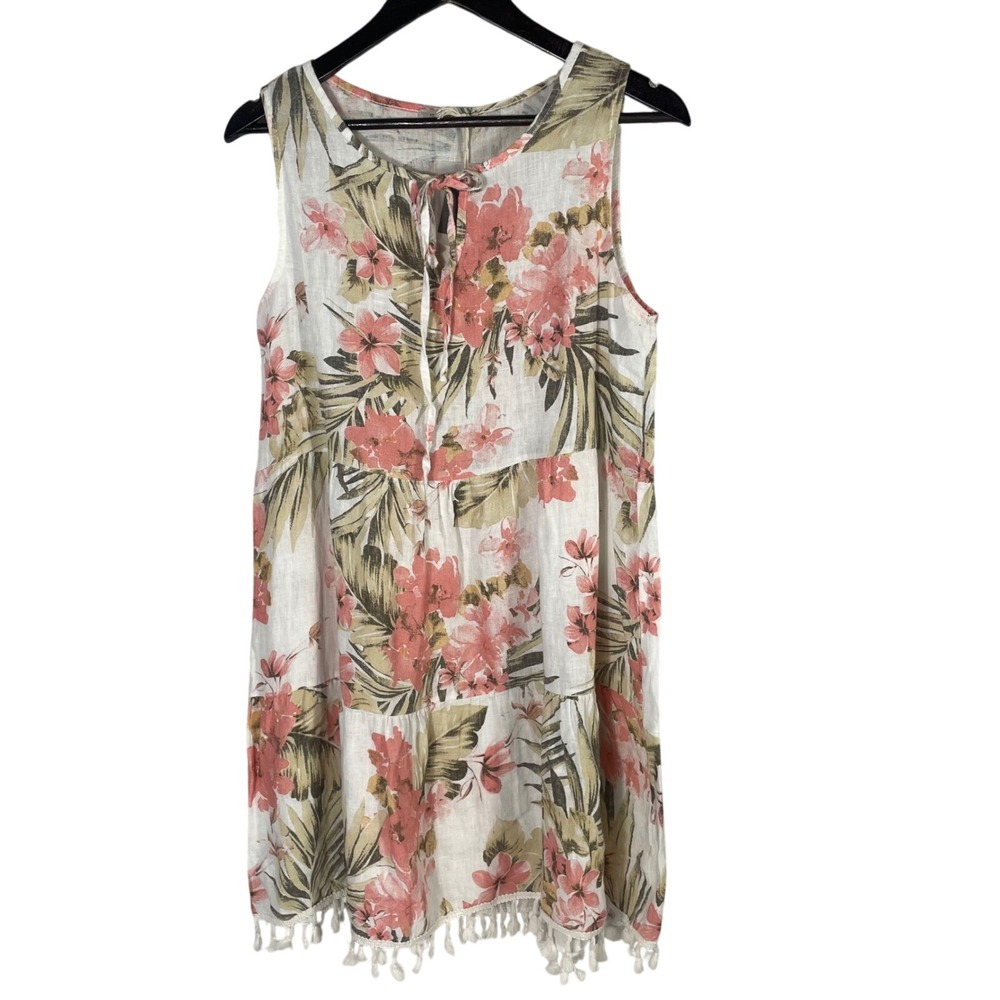 Francesca Bettini Floral 100% Linen Dress M Made in Italy Sleeveless Tassel Hem